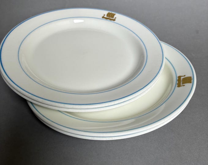 One Set of 4 Gustavsberg Benporslin Small Plates. White with Blue Circles and Gold Viking Shipp Decor on Side.