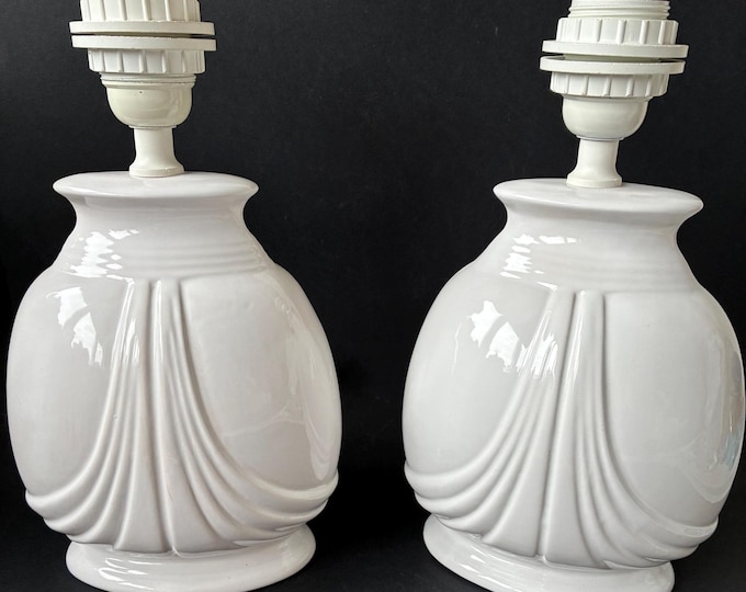 Pair of White Lamp Ceramic Bases from 70s. Beautiful Classic Elegant Shape. Ribbed Lines. Cute Bedside Table Lamps. Marked.