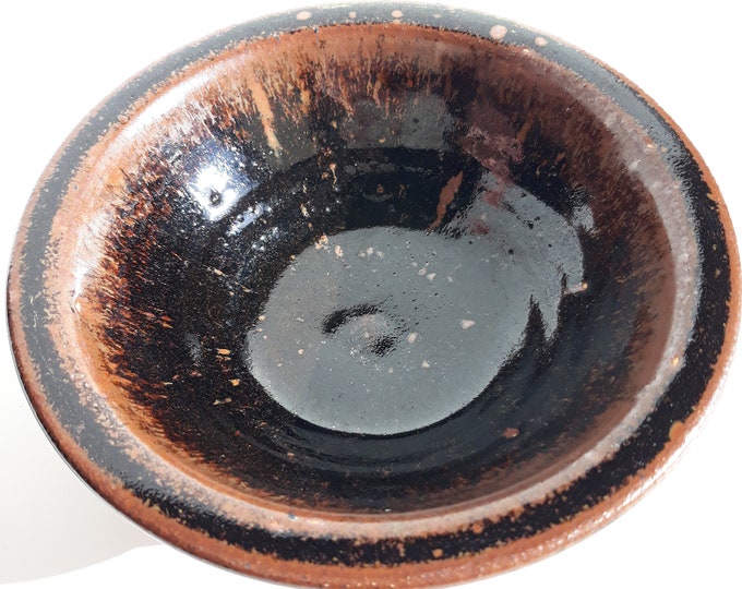 Swedish Vintage Art Pottery Bowl. Covered in Black, Brown and Copper Coloured Glaze. Matt Finish Bottom on Back. Hand made in Sweden. Signed