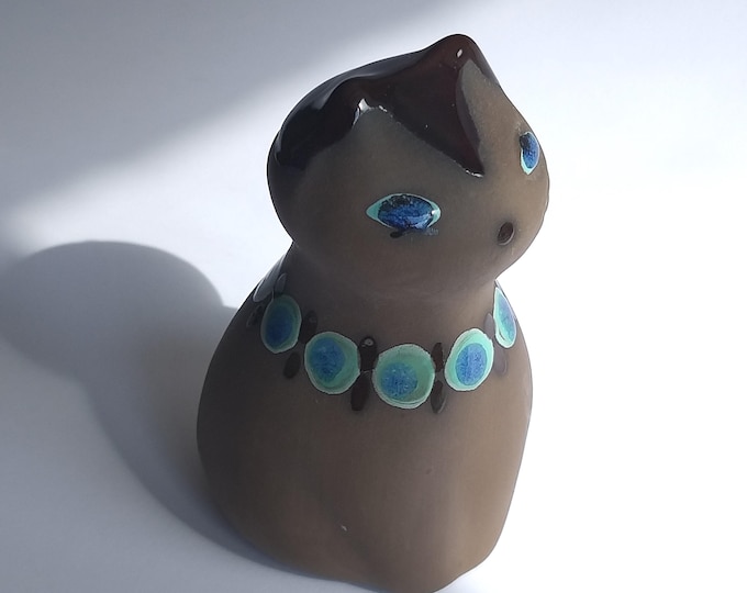 Vintage Swedish Ceramic Cat Figurine. Mid Century Modern Style. Dark Brown Colour with Aqua Decor. Signed. Collectable. Scandinavian Design.