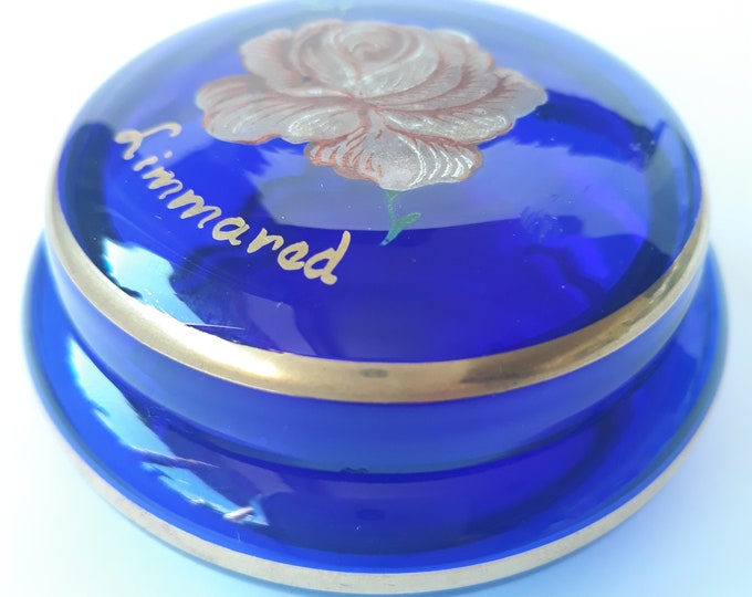 Kosta Sweden Cobalt Blue Glass Vintage Trinket Dish with Transfer Rose Picture on Top. Gilded Circles. Original Label. Swedish Glass.
