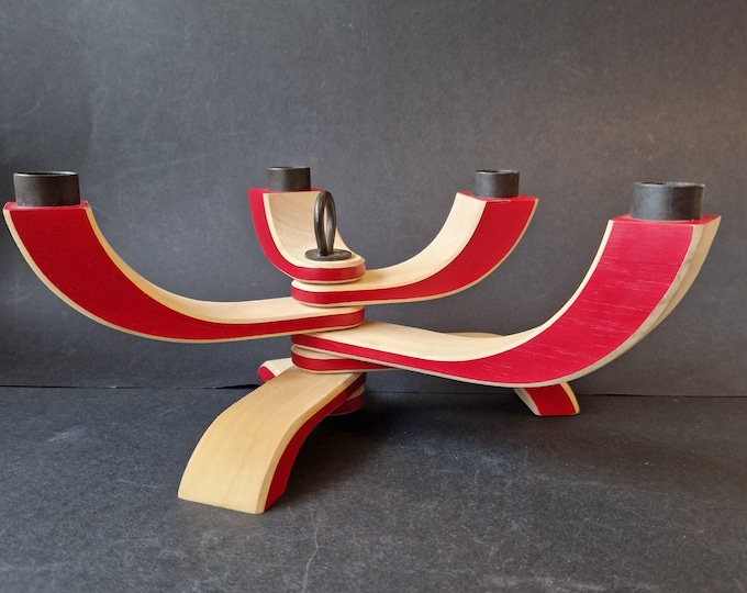 Design Stockholm House. Wooden Candle Holder in Red, Beige Colours with Metal Details. Modern Contemporary Scandinavian Design.
