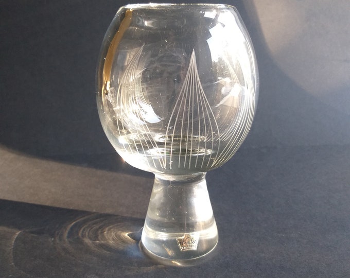 Kosta Boda Sweden. Mid century Modern Crystal Glass Vase. Swedish Glass Design. Vase on Pedestal with Abstract Engraved Decor. Perfect Gift.