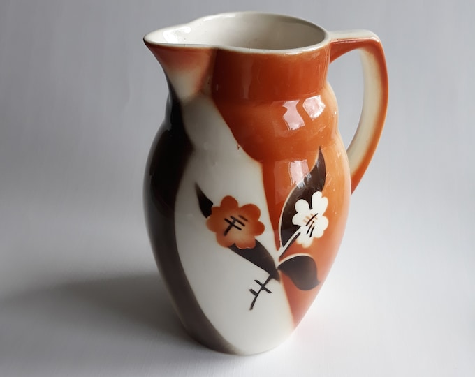 Vintage Ceramic Pitcher with Handle in Different Brown Tones.  Mid Century Style Design. Stylized Flower Motif. Marked. Cute Kitchen Dekor.