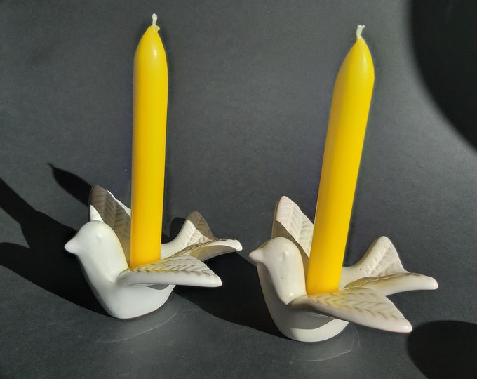 Set of 2 Gabriel Sweden Vintage White Glazed Ceramic Bird Candle Holders marked with Number 369. Swedish Home Dekor 70s. Retro Art Pottery.