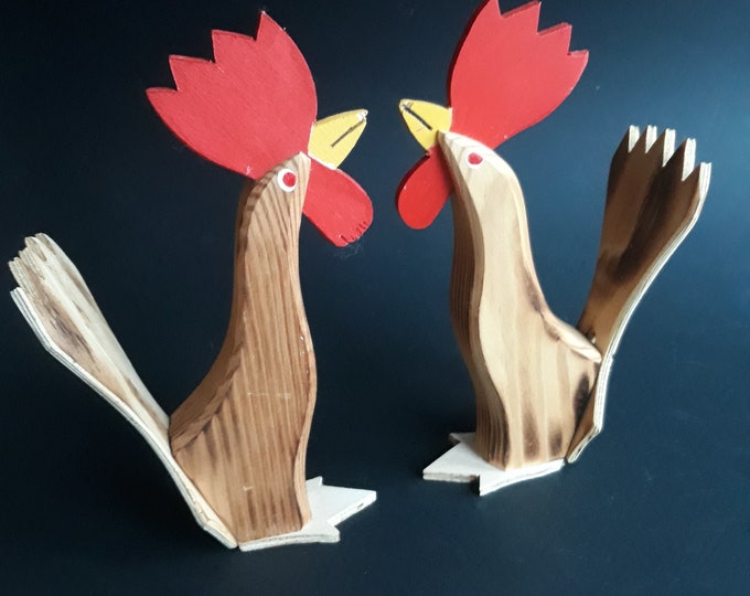 Pair of Swedish Wooden Roosters. Hand Made in Sweden. Marked. Scandinavian Vintage Christmas Home Decor.