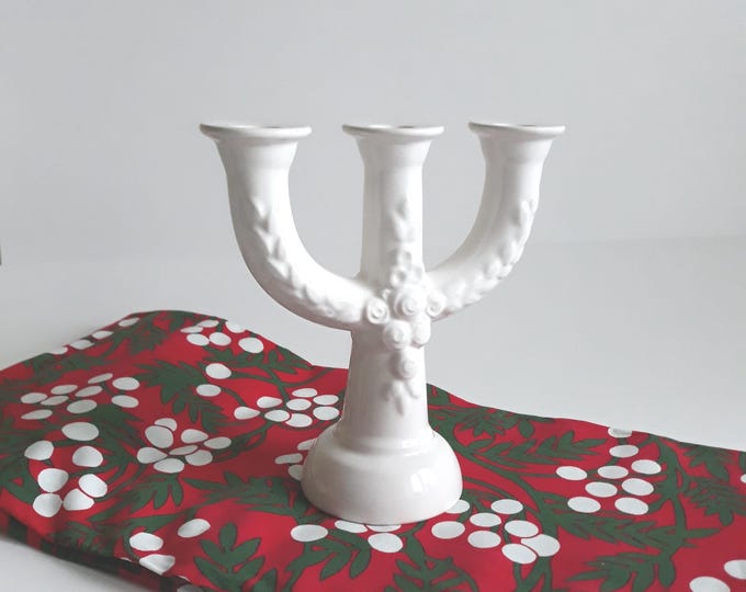 Rosa Ljung Sweden. Three Arm Ceramic Candle Holder Candelabra. Ecru Colour with Rose Flower Relief Decor. Vintage Swedish Pottery.