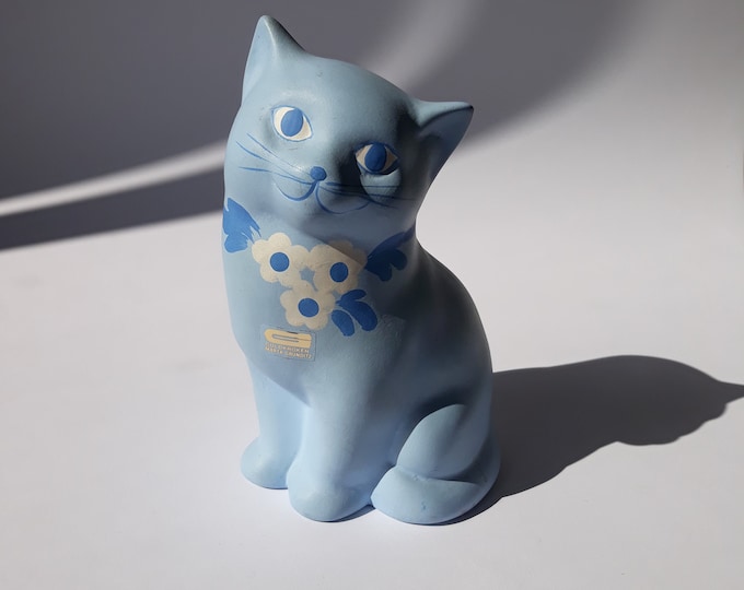 Adorable Guldkroken HJO Sweden Ceramic Cat Figurine in Light Blue Glaze. Original Label. Swedish Vintage Pottery. Retro Home Decoration.