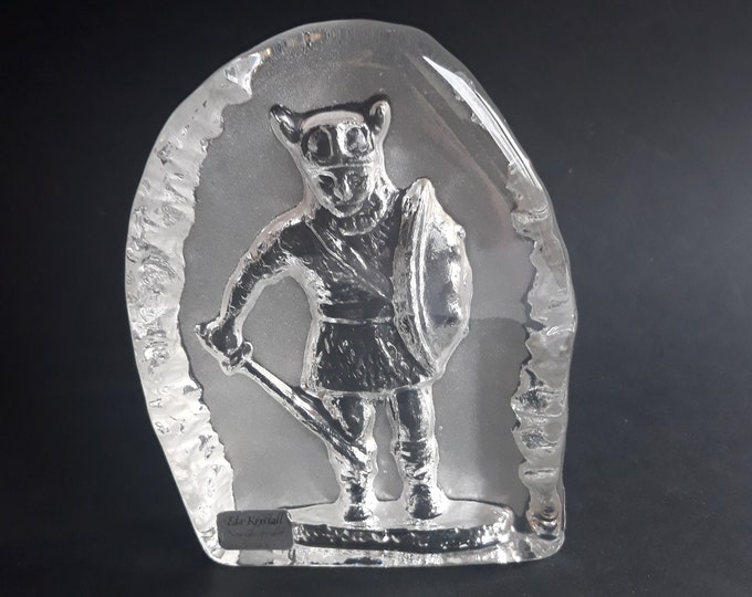 Eda Kristall Nya Glasbruket Sweden. Viking Warrior Paperweight. Clear Textured Crystal Glass. Vintage Swedish Art Glass. Retro Home Decor.