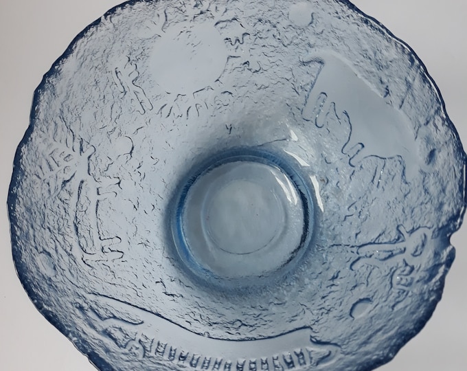 Beautiful Vintage Scandinavian Ice Textured Glass Fruit Bowl with Viking Motifs. Slight Blue Tone. Good Size. Fantastic Nordic Design.