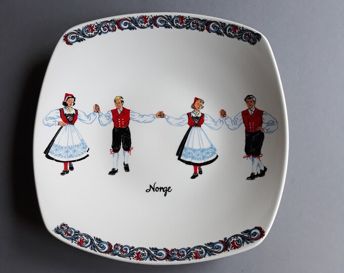 Vintage Figgjo Flint Norway Squarish Plate. Two Hardanger Dancing Couples Image in Colourful Norwegian Folk Suits. Marked.