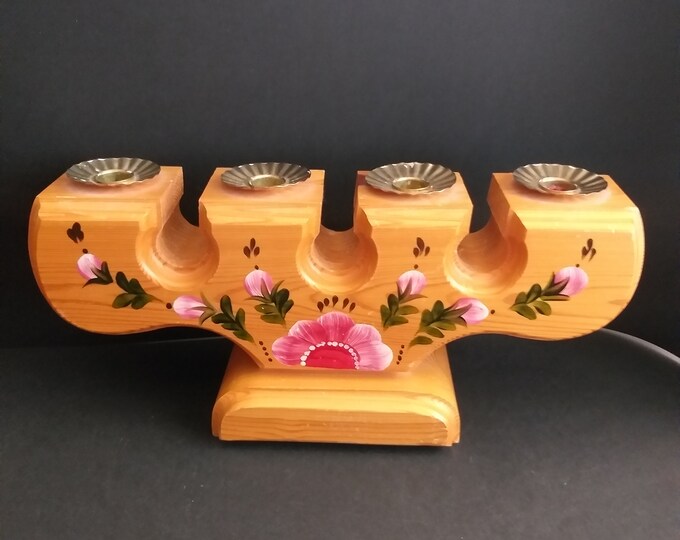 Impressive Vintage Swedish Wooden Candelabra Candle Holder in Folk Style. Big and Heavy. Hand Painted in Floral Pattern. Scandinavian Decor.