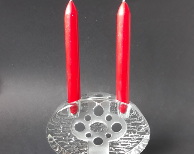 Nybro Glasbruk Sweden Textured Crystal Glass Candle Holder for Two Candles. Lovely Design by Paul Isling. Swedish Home Decor from 70s.