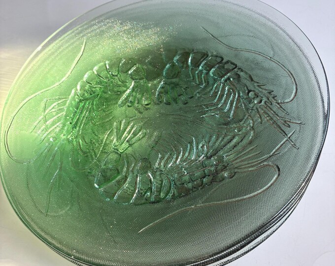 One Set of 4 Frosted Glass Appetizer Plates. Lobster or Crawfish Design. Perfect Glass Plates for serving Seafood.