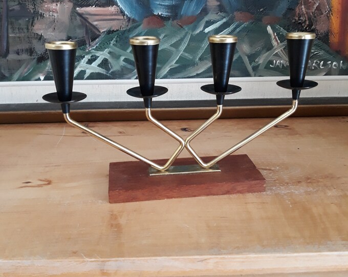 Mid Century Modern Brass Candle Holder. Vintage Home Decor. Unique Advent Candelabra with Black Candlestick Ends. Wooden Base. Four Candles.