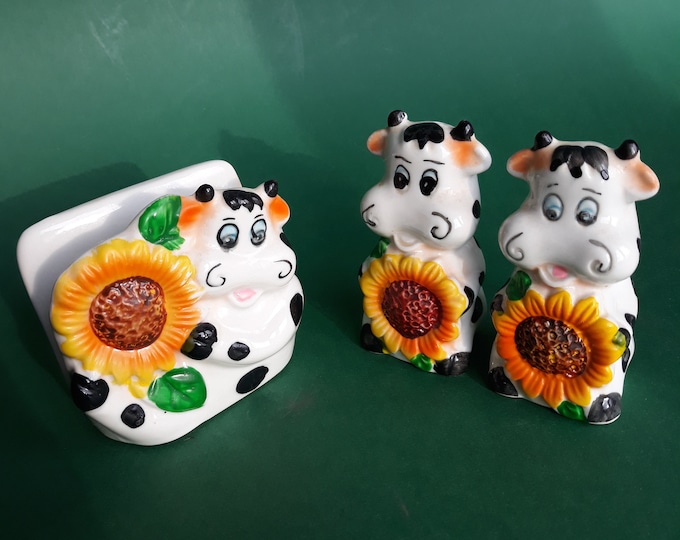 Vintage Ceramic Cow with Sunflowers Kitchen Napkin Holder, Set of Salt and Pepper Shakers. Adorable Colourful Farm House Style Kitchen Set.