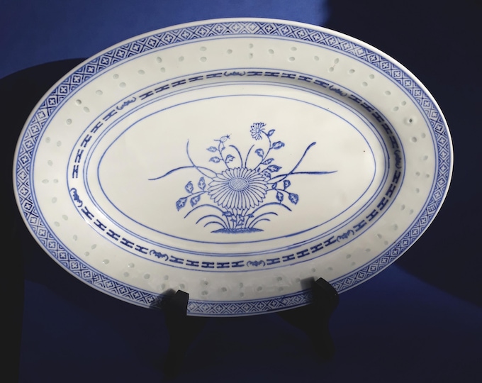 Jingdezhen Rice Porcelain Oval Shape Serving Plate. Hand Made. Chinese Rice Grain Lotus Flower Pattern Porcelain Plater.