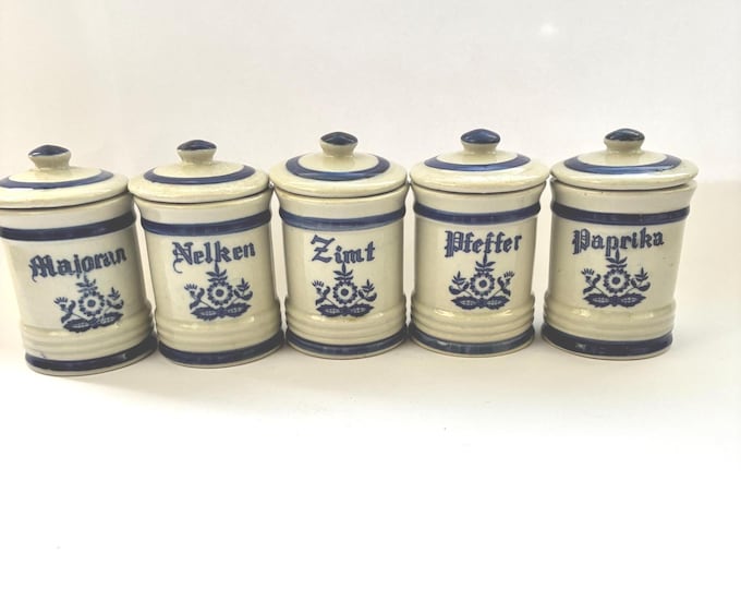 One Set of 5 Vintage German Blue and White Stoneware Spice Jars with traditional script Majoram, Carnations, Cinnamon, Pepper and Paprika.