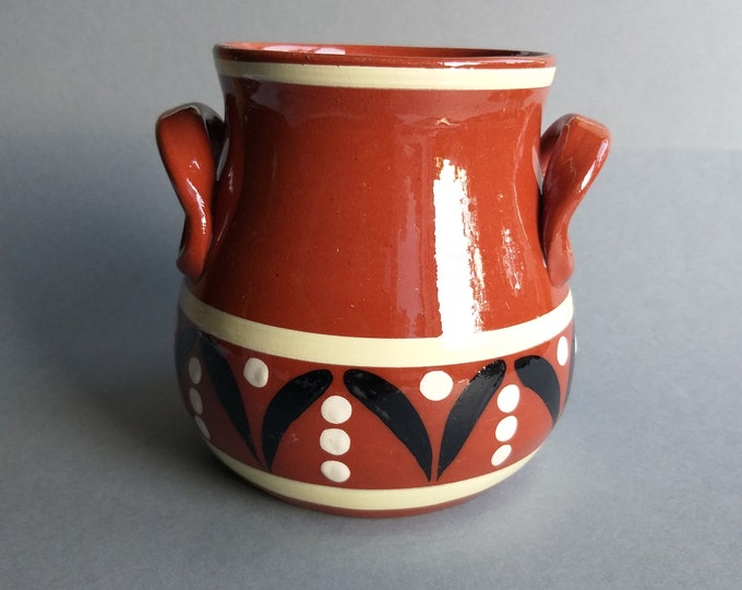 Swedish Folk Art Style Brown Ceramic Pott/Jar. Hand Made, Hand Painted. Signed on Bottom KS. Highly Glazed. Vintage Scandinavian Pottery.