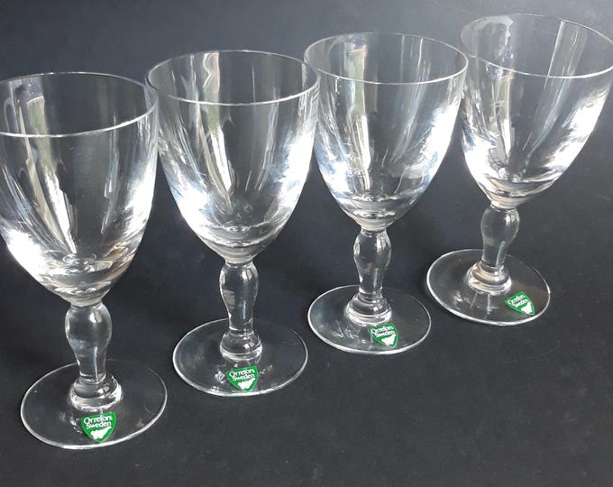 Orrefors Sweden Clear Crystal Stemmed Wine Glasses. Set of Four. Barware Glasses. Swedish Glassware from 70s. Original Labels.