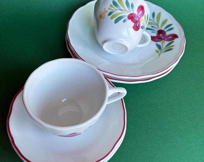 One Set of 2 Trio Sets of Marbella Pattern by Porsgrund. Norway. 2 Small Demitasse Cups, 2 Saucers and 2 Desert Plates. Norwegian Porcelain.