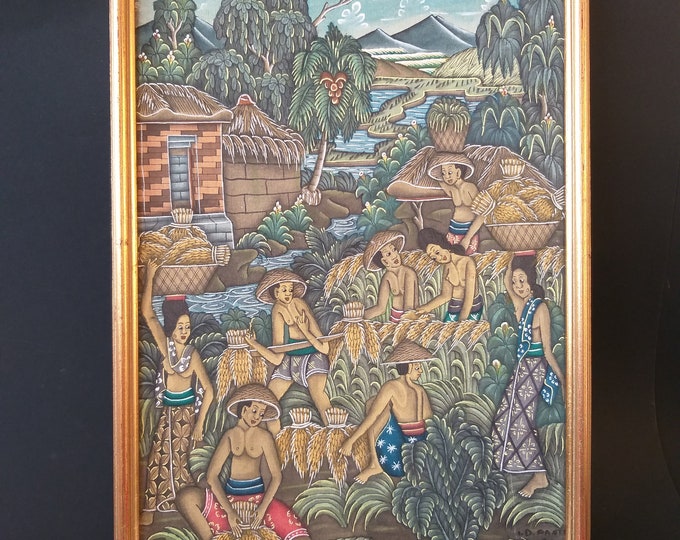 Beautiful Balinese Painting on Canvas in the Traditional Balinese Painting Style. Figurative Composition - Balinese Daily Lifestyle. Signed.