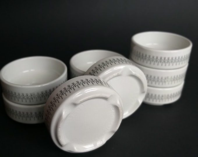 Set of 2 Figgjo Norway Vitro Porcelain Butter Dish or Salt Dish. White Base with Spoon and Fork Decoration. Marked. Retro Tableware.
