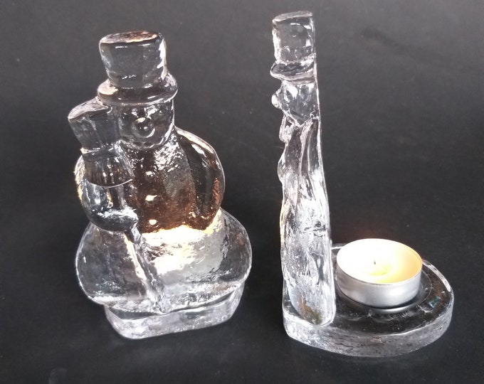 Pair of Vintage Crystal Glass Clear with Texture Tealight Holders in Snowmen Shape. Scandinavian Holiday Decor. Rare Find. Candleholders.