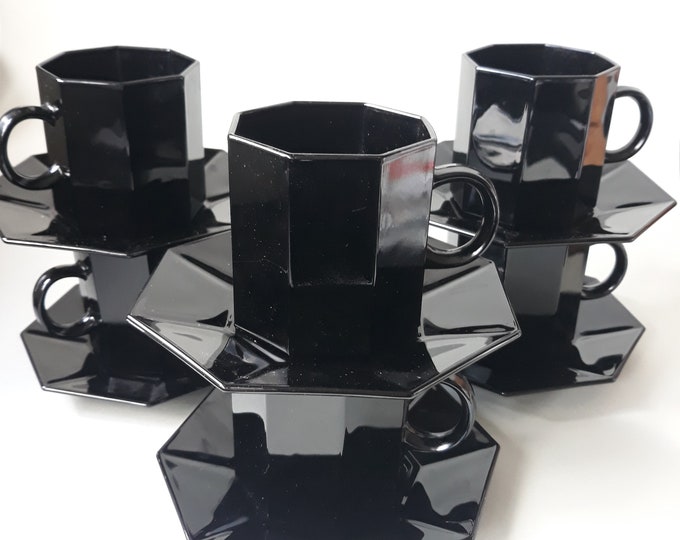 2 Sets of French Larger Octagonal Black Cups and Saucers. Art Deco revival Style. Made of Black Glass from 1980s. France Luminarc Octime.
