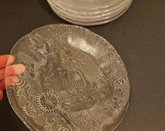 Set of 6 Vintage Kosta Boda Sweden Textured Crystal Glass Plates. Design Goran Warff. Folkloric 'Dalom' Series. Scandinavian Horse and Rider