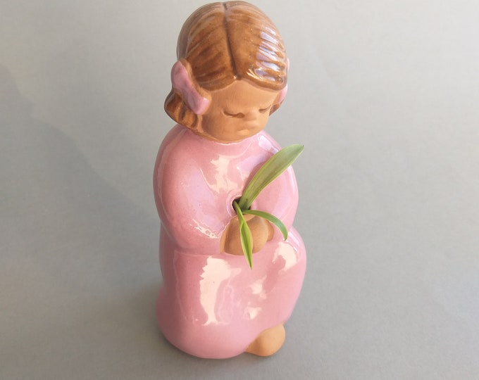 Jie Gantofta Sweden. Cute Ceramic Figurine. Girl with Pink Hair Bows and Pink Nightgown. Swedish Vintage Pottery from 70s. Collectable.
