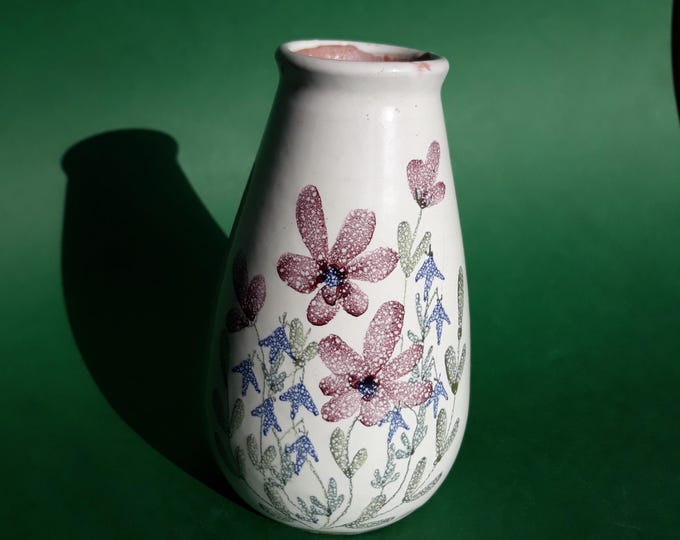 Lovely Laholm Sweden Ceramic Vase in White Glaze with Floral Design. Hand painted. Vintage Swedish Art Pottery. Marked, signed on the bottom