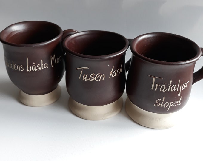 Krukmakaren Hoganas Sweden. Vintage Viking Mugs with Handle in Chocolate Brown Glaze. On Heavy Side. Inscriptions with Cool Viking Sayings.
