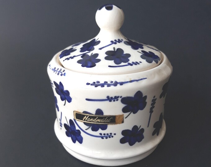 Helsingborg Sweden Ceramic Round Jar with Lid. Hand Painted Blue Decoration. Swedish Vintage Pottery. Marked on Bottom. Lovely Piece.