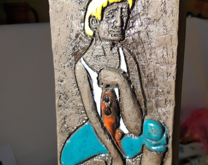 Atelje Ninnie Keramik Sweden. Ceramic Wall Relief - Man with Fish. Scandinavian Swedish Mid Century Modern Wall Decoration. Leather Hanger.