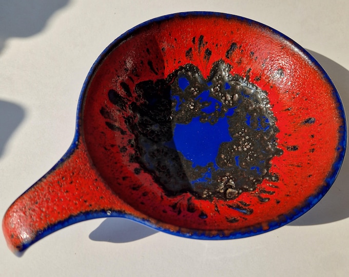 Dumler Breiden West Germany Lava Style Ceramic Bowl with Handle. Red and Blue Glaze. Marked. German Vintage Pottery.