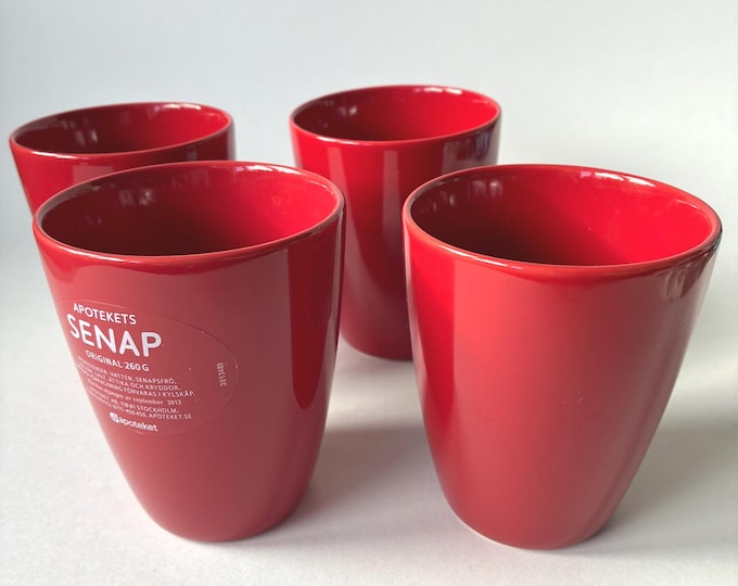 One Set of 4 of Hoganas Sweden Stoneware Apoteket Cups. Red Colour Glaze. Marked. Vintage Swedish Pottery. Nordic Design.