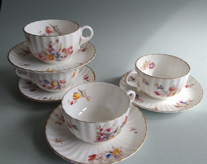 Rorstrand Sweden Vintage Porcelain Ribbed Coffee Tea Cup, Saucer. Flower Decor, Gilded Edges. Marked. Lovely Antique Looking Swedish China.