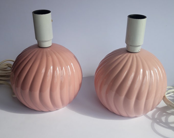 Pair of Mideramica Portugal Peachy Pink Small Lamp Ceramic Base from 70s. Beautiful Shape. Ribbed Lines. Cute Bedside Table Lamp. Marked.