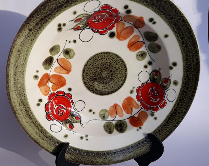 Set of 2 Schramberg Majolikafabrik (SMF) Germany Ceramic Soup Plates in Pattern Tirol. Hand-painted Decor of Red Roses, Green Leaves.