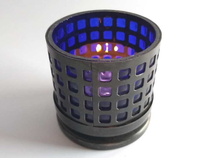 Swedish Candle Holder made of Cobalt Blue Glass Inserted in Metal Holder. Made in Sweden. A Gift for Blue Glass Lovers.