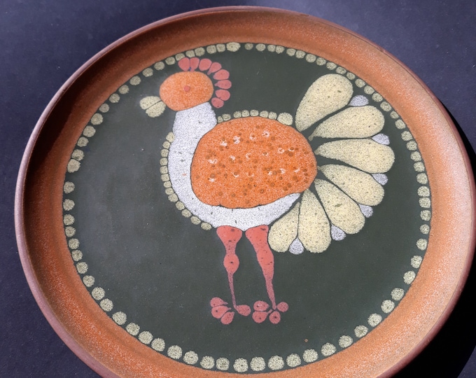 Vintage KMK Kupfermühle Germany Ceramic Wall Plate. Made in 70s. Orange Rooster on an Olive Green Background. Mid Century Home Decoration.