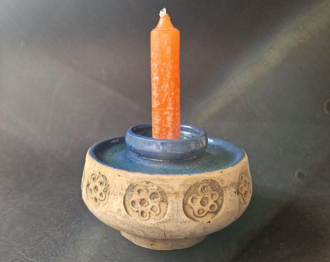 Stylish Art Studio Semi Glazed Candle Holder. Blue Glaze. Hand Made. Scandinavian Pottery. Artist Signed. For Candles of two different Sizes