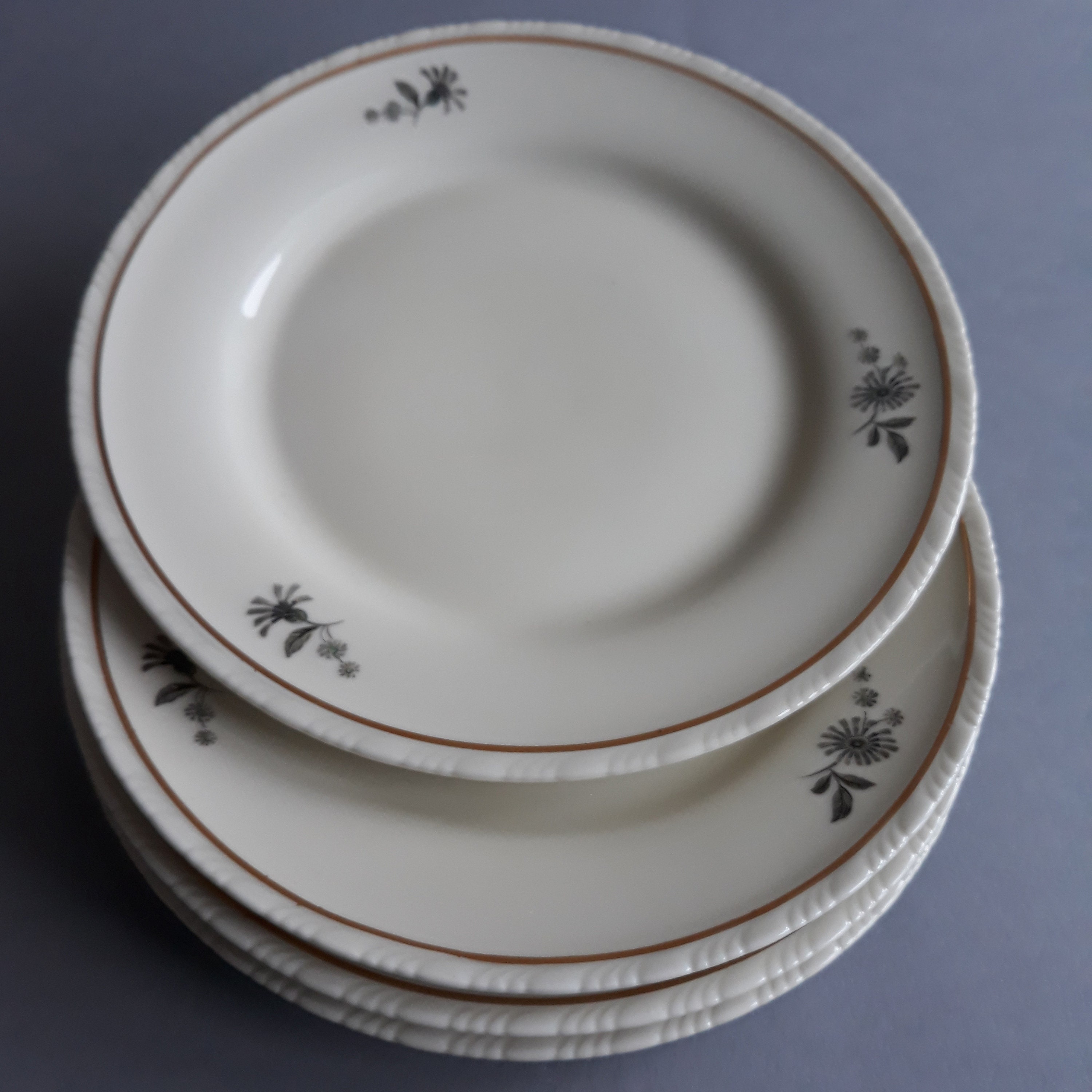 Set of 4 Hackefors Plates Sweden in Size 17.2 Cm 6.8. Ecru White Colour.  Porcelain. Grey, Gold Decor. Vintage Swedish Fine China. Marked. 