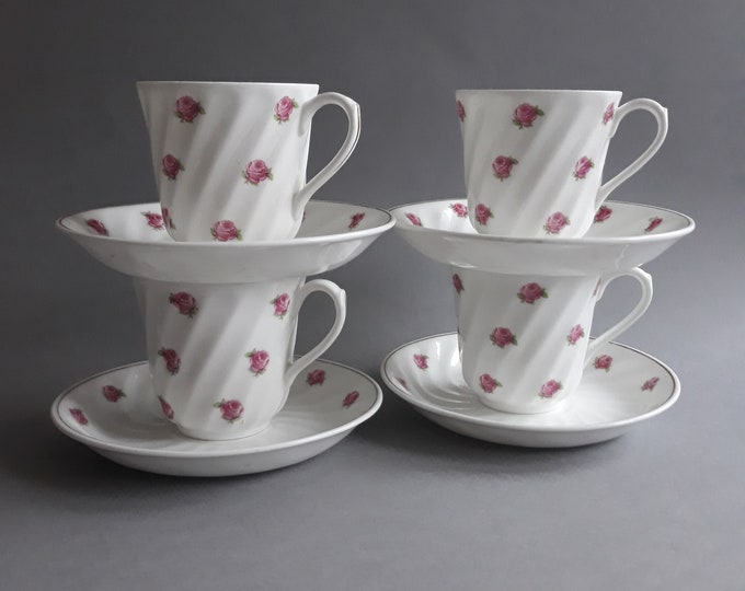 Gustavsberg Benporslin Sweden. Vintage Porcelain Espresso Coffee Cup Saucer. Romantic Floral Pink Rose Design. Gilded Lines. Swedish China.