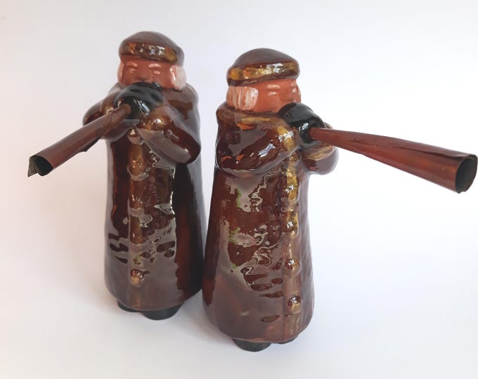 Pair of Vintage Truls & Åke Sandberg Horn Blowers. Copper Horns. Rare Swedish Figurines. Mid Century Modern Scandinavian Art Pottery. Signed