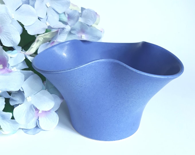 Hoganas Sweden Blue Stoneware Vase, Planter. Ruffled Edge on the Top. Marked. Swedish Vintage Pottery.