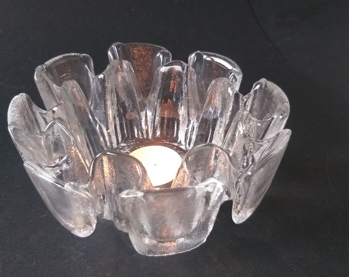 Humppila Finland Ice Textured Glass Bowl. Great for Candles too. Unusual Complicated Design. Looks like a Crown. Vintage Finnish Glass.