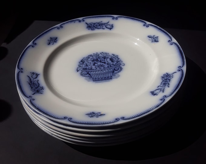 Set of 2 Gustavsberg Sweden Antique Gefion Pattern Salad Plates. Flow Blue Floral Plate. Kiln Marks. Crazing. Swedish Bone China. Marked.