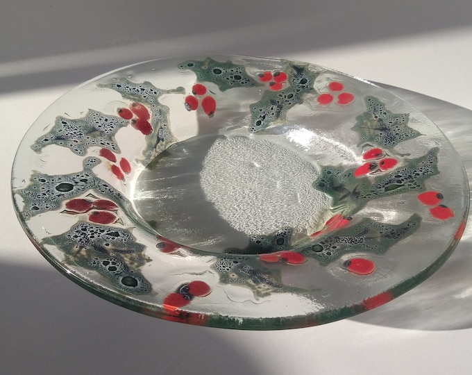 Beautiful Scandinavian Fused Clear Glass Serving Plate in Christmas Colours - Red and Green Grey. Vintage Swedish Art Glass Design Tableware